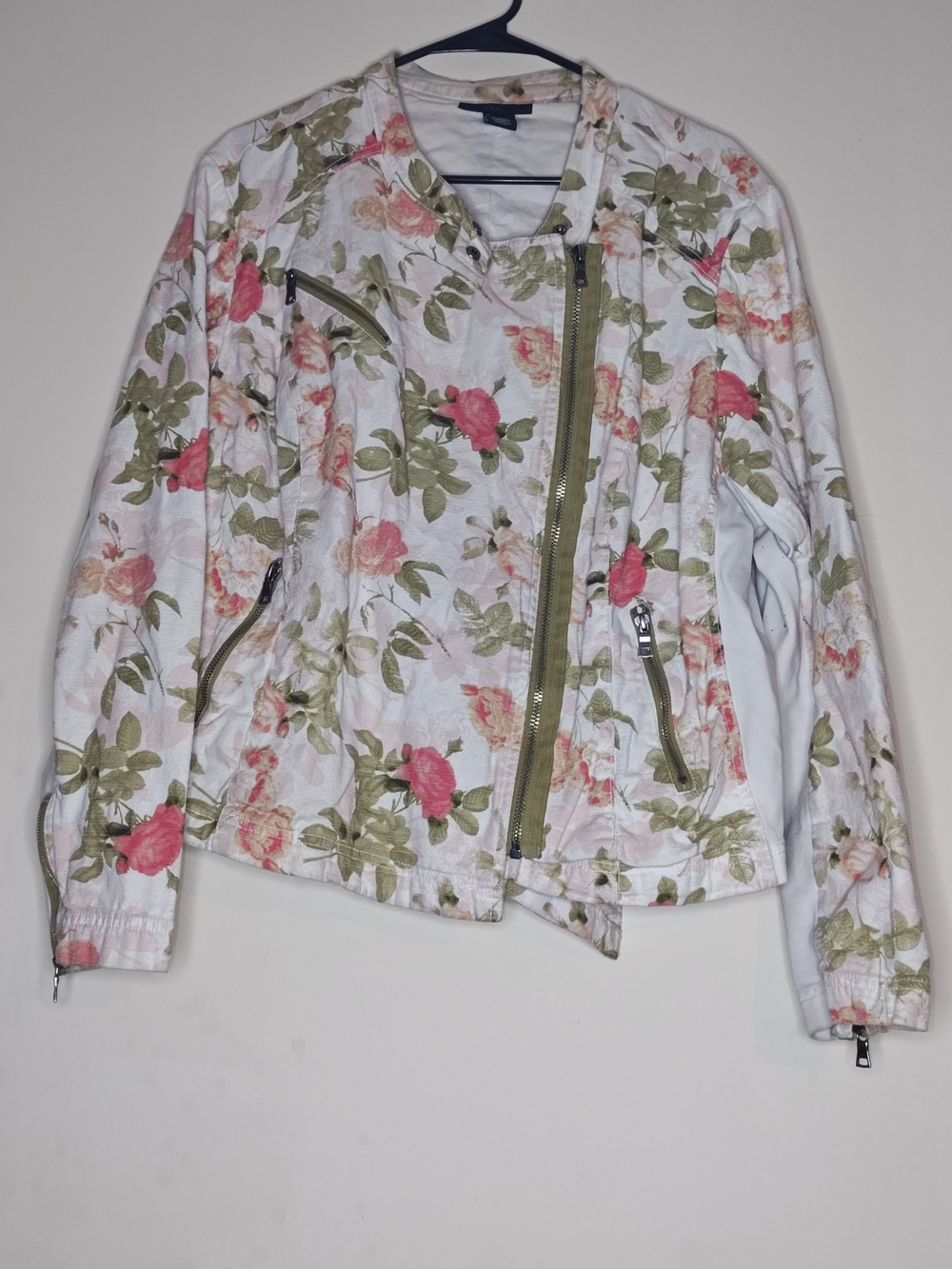 Lane Bryant White Floral Asymmetrical Zip Jacket with Pink & Green Floral 24